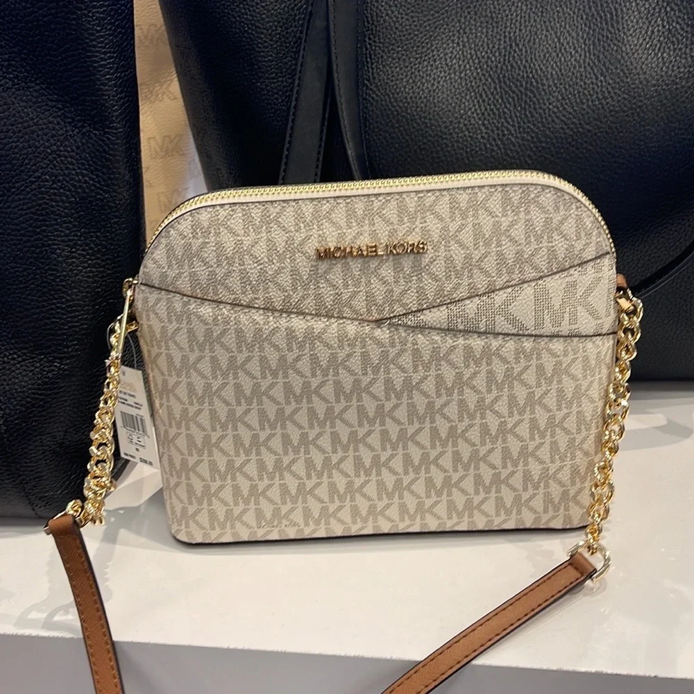 MICHAEL KORS Jet Set Medium Logo Dome Satchel Crossbody  Vanilla  NWT